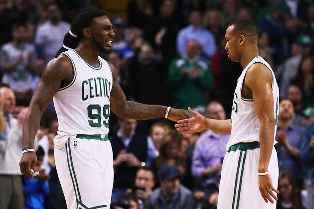 BOSTON, MA - FEBRUARY 29:  Jae Crowder #99 of the Boston Celtics celebrates with Avery Bradley #0 during the fourth quarter against the Utah Jazz at TD Garden on February 29, 2016 in Boston, Massachusetts. The Celtics defeat the Jazz 100-95.  (Photo by Maddie Meyer/Getty Images)