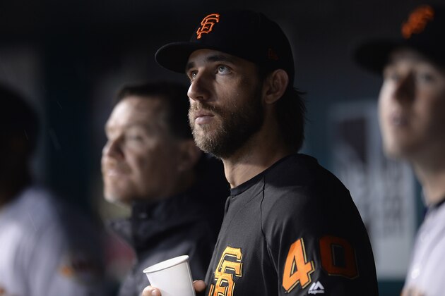 ST. LOUIS, MO - MAY 19:  Madison Bumgarner #40 of the San Francisco Giants in the dugout during a game against the St. Louis Cardinals at Busch Stadium on May 19, 2017 in St. Louis, Missouri.  (Photo by Michael Thomas/Getty Images)