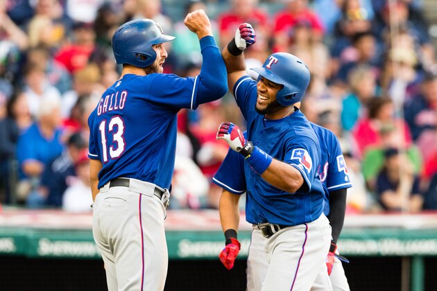 CLEVELAND, OH - JUNE 26: Joey Gallo #13 and Shin-Soo Choo #17 celebrate with Elvis Andrus #1 of the Texas Rangers after all scored on a home run by Andrew during the second inning against the Cleveland Indians at Progressive Field on June 26, 2017 in Cleveland, Ohio. (Photo by Jason Miller/Getty Images) CLEVELAND, OH - JUNE 26: Joey Gallo #13 and Shin-Soo Choo #17 celebrate with Elvis Andrus #1 of the Texas Rangers after all scored on a home run by Andrew during the second inning against the Cleveland Indians at Progressive Field on June 26, 2017 in Cleveland, Ohio. (Photo by Jason Miller/Getty Images)