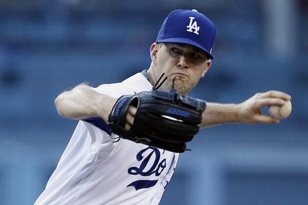 Los Angeles Dodgers starting pitcher Alex Wood throws during the first inning of the team's baseball game against the Arizona Diamondbacks in Los Angeles, Wednesday, July 5, 2017. (AP Photo/Alex Gallardo)