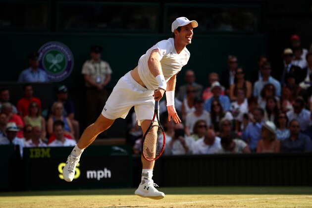 LONDON, ENGLAND - JULY 05: Andy Murray of Great serves during the Gentlemen's Singles second round match against Dustin Brown of Germany on day three of the Wimbledon Lawn Tennis Championships at the All England Lawn Tennis and Croquet Club on July 5, 2017 in London, England. (Photo by Clive Brunskill/Getty Images) LONDON, ENGLAND - JULY 05: Andy Murray of Great serves during the Gentlemen's Singles second round match against Dustin Brown of Germany on day three of the Wimbledon Lawn Tennis Championships at the All England Lawn Tennis and Croquet Club on July 5, 2017 in London, England. (Photo by Clive Brunskill/Getty Images)