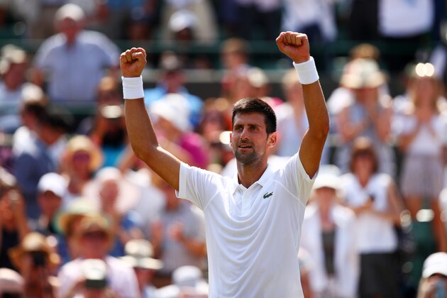 LONDON, ENGLAND - JULY 06: Novak Djokovic of Serbia celebrates victory after his during the Gentlemen's Singles second round match against Adam Pavlasek of the Czech Republic on day four of the Wimbledon Lawn Tennis Championships at the All England Lawn Tennis and Croquet Club on July 6, 2017 in London, England. (Photo by Clive Brunskill/Getty Images) LONDON, ENGLAND - JULY 06: Novak Djokovic of Serbia celebrates victory after his during the Gentlemen's Singles second round match against Adam Pavlasek of the Czech Republic on day four of the Wimbledon Lawn Tennis Championships at the All England Lawn Tennis and Croquet Club on July 6, 2017 in London, England. (Photo by Clive Brunskill/Getty Images)