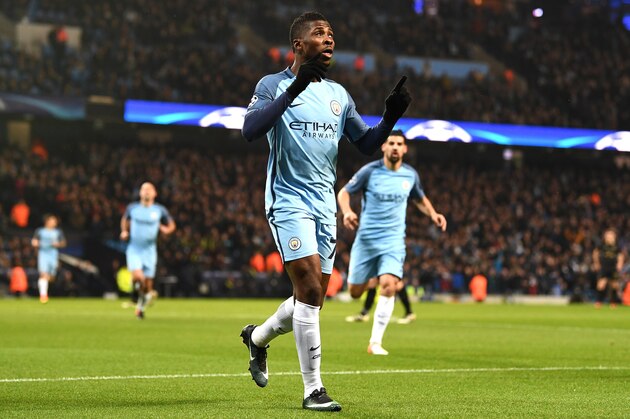 MANCHESTER, ENGLAND - DECEMBER 06: Kelechi Iheanacho of Manchester City celebrates scoring his sides first goal during the UEFA Champions League Group C match between Manchester City FC and Celtic FC at Etihad Stadium on December 6, 2016 in Manchester, England.  (Photo by Laurence Griffiths/Getty Images)