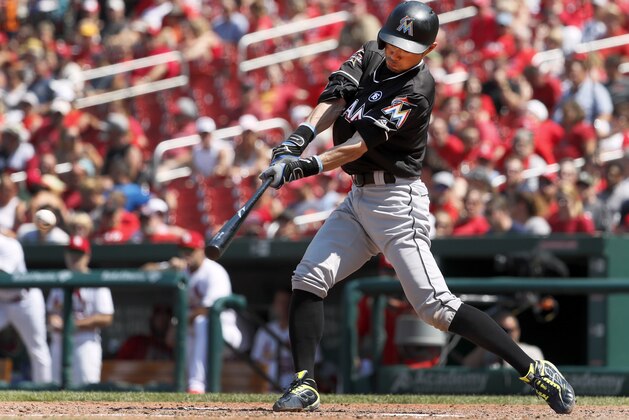 Miami Marlins' Ichiro Suzuki singles during the eighth inning of a baseball game against the St. Louis Cardinals, Thursday, July 6, 2017, in St. Louis. (AP Photo/Jeff Roberson)