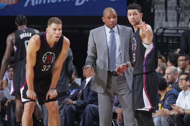 SACRAMENTO, CA - NOVEMBER 18: Head Coach Doc Rivers of the Los Angeles Clippers coaches Blake Griffin #32 and Austin Rivers #25 against the Sacramento Kings on November 18, 2016 at Golden 1 Center in Sacramento, California. NOTE TO USER: User expressly acknowledges and agrees that, by downloading and or using this photograph, User is consenting to the terms and conditions of the Getty Images Agreement. Mandatory Copyright Notice: Copyright 2016 NBAE (Photo by Rocky Widner/NBAE via Getty Images)