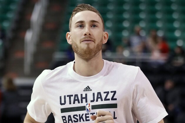CORRECTS DAY OF THE WEEK TO SATURDAY INSTEAD OF MONDAY- Utah Jazz forward Gordon Hayward warms-up before an NBA basketball game against the Charlotte Hornets, Saturday, Feb. 4, 2017, in Salt Lake City. (AP Photo/George Frey)
