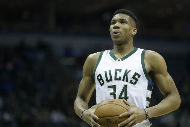 Milwaukee Bucks' Giannis Antetokounmpo pauses before shooting a free throw during the second half of an NBA basketball game against the New York Knicks Wednesday, March 8, 2017, in Milwaukee. (AP Photo/Aaron Gash)