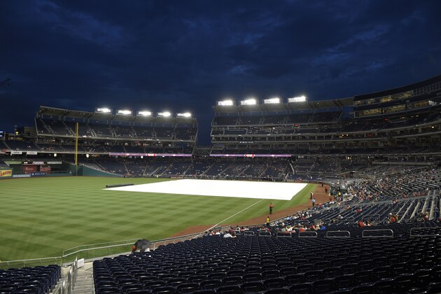 The tarp lies on the field during a delay before a baseball game between the Washington Nationals and the Atlanta Braves, Thursday, July 6, 2017, in Washington. (AP Photo/Nick Wass)