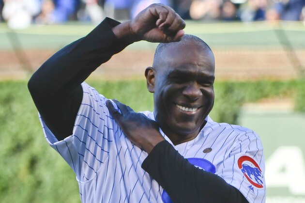 Jun 5, 2017; Chicago, IL, USA; Chicago Cubs former player Andre Dawson throws out a ceremonial first pitch before the game against the Miami Marlins at Wrigley Field. He is currently a special assistant for the Marlins. Mandatory Credit: Matt Marton-USA TODAY Sports