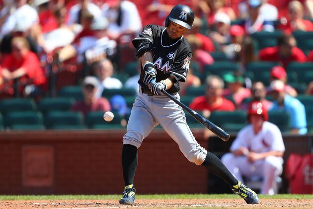 ST. LOUIS, MO - JULY 6: Ichiro Suzuki #51 of the Miami Marlins sets the record for the most hits by a foreign-born player with a single against the St. Louis Cardinals in the eighth inning at Busch Stadium on July 6, 2017 in St. Louis, Missouri.  (Photo by Dilip Vishwanat/Getty Images)