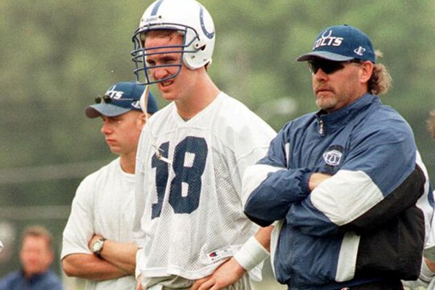 Indianapolis Colts Peyton Manning (18) and quarterbacks coach Bruce Arians are seen during Colts minicamp in 1998 in Terre Haute, IN. (AP Photo/Seth Rossman)