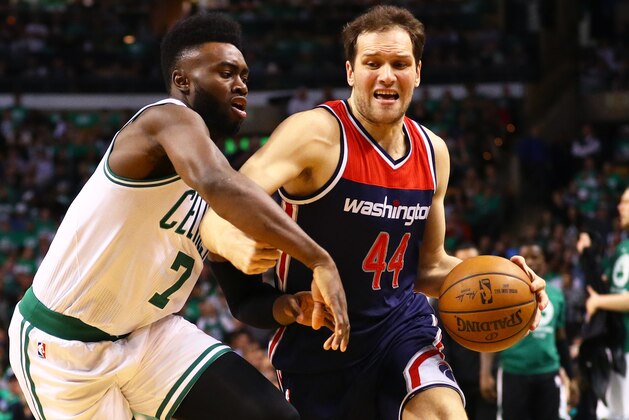 BOSTON, MA - MAY 10: Bojan Bogdanovic #44 of the Washington Wizards drives against Jaylen Brown #7 of the Boston Celtics during the first quarter of Game Five of the Eastern Conference Semifinals at TD Garden on May 10, 2017 in Boston, Massachusetts. NOTE TO USER: User expressly acknowledges and agrees that, by downloading and or using this Photograph, user is consenting to the terms and conditions of the Getty Images License Agreement. (Photo by Maddie Meyer/Getty Images)