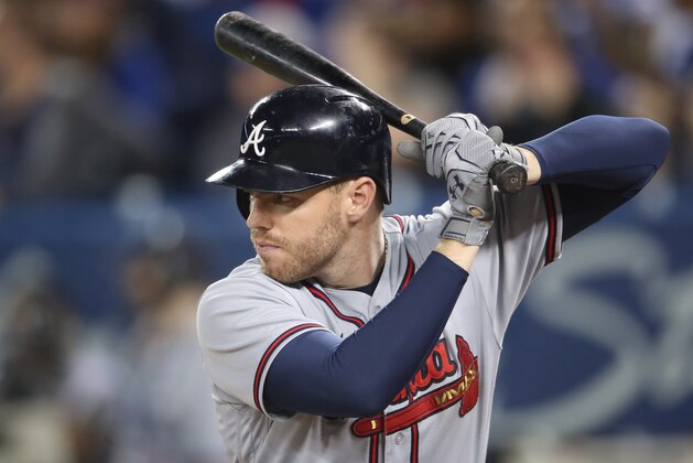 TORONTO, ON - MAY 15: Freddie Freeman #5 of the Atlanta Braves bats in the eighth inning during MLB game action against the Toronto Blue Jays at Rogers Centre on May 15, 2017 in Toronto, Canada. (Photo by Tom Szczerbowski/Getty Images)