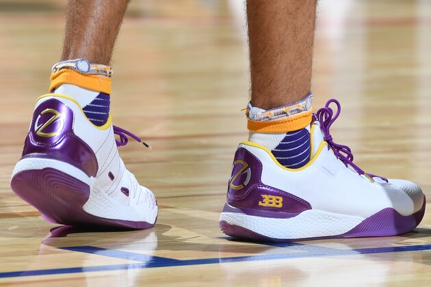 LAS VEGAS, NV - JULY 7: The sneakers of the Lonzo Ball #2 of the Los Angeles Lakers are seen during the game against the LA Clippers on July 7, 2017 at the Thomas & Mack Center in Las Vegas, Nevada. NOTE TO USER: User expressly acknowledges and agrees that, by downloading and/or using this Photograph, user is consenting to the terms and conditions of the Getty Images License Agreement. Mandatory Copyright Notice: Copyright 2017 NBAE (Photo by Garrett Ellwood/NBAE via Getty Images)