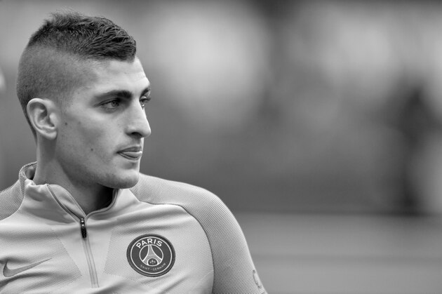 PARIS, FRANCE - MAY 06: (EDITOR'S NOTE: This image was converted to black and white) Marco Verratti of Paris Saint-Germain reacts during warmup before the Ligue 1 match between Paris Saint-Germain and Bastia at Parc des Princes on May 6, 2017 in Paris, France.  (Photo by Aurelien Meunier/Getty Images)