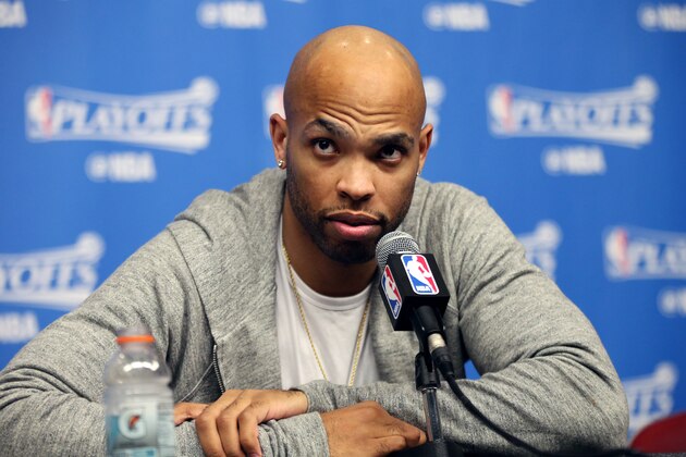 HOUSTON, TX - APRIL 25: Taj Gibson #22 of the Oklahoma City Thunder talks to the media during a press conference after Game Five of the Western Conference Quarterfinals against the Houston Rockets during the 2017 NBA Playoffs on April 25, 2017 at the Toyota Center in Houston, Texas. NOTE TO USER: User expressly acknowledges and agrees that, by downloading and or using this photograph, User is consenting to the terms and conditions of the Getty Images License Agreement. Mandatory Copyright Notice: Copyright 2017 NBAE (Photo by Layne Murdoch/NBAE via Getty Images) HOUSTON, TX - APRIL 25: Taj Gibson #22 of the Oklahoma City Thunder talks to the media during a press conference after Game Five of the Western Conference Quarterfinals against the Houston Rockets during the 2017 NBA Playoffs on April 25, 2017 at the Toyota Center in Houston, Texas. NOTE TO USER: User expressly acknowledges and agrees that, by downloading and or using this photograph, User is consenting to the terms and conditions of the Getty Images License Agreement. Mandatory Copyright Notice: Copyright 2017 NBAE (Photo by Layne Murdoch/NBAE via Getty Images)