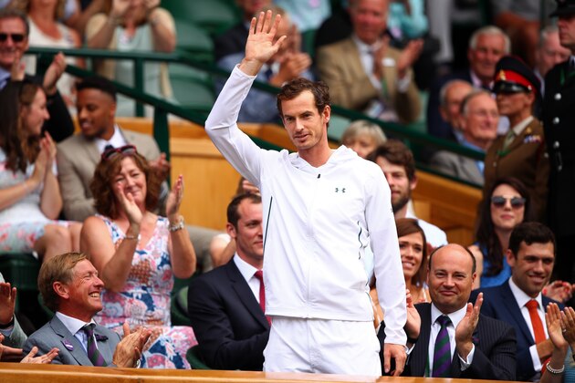 LONDON, ENGLAND - JULY 08:  Andy Murray is introduced to the crowd from the centre court royal box on day six of the Wimbledon Lawn Tennis Championships at the All England Lawn Tennis and Croquet Club on July 8, 2017 in London, England.  (Photo by Clive Brunskill/Getty Images)