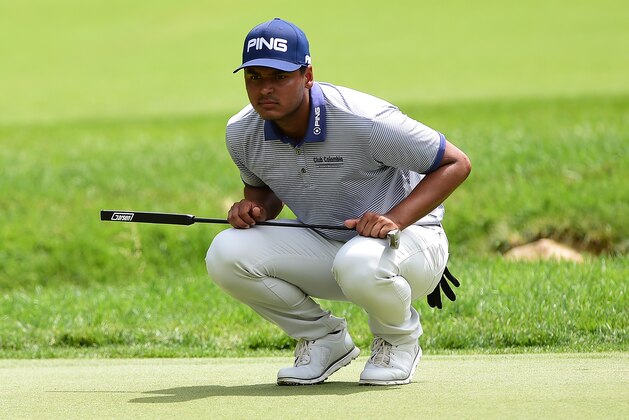 WHITE SULPHUR SPRINGS, WV - JULY 08:  Sebastian Munoz of Colombia lines up his putt on the fifth green during round three of The Greenbrier Classic held at the Old White TPC on July 8, 2017 in White Sulphur Springs, West Virginia.  (Photo by Jared C. Tilton/Getty Images)