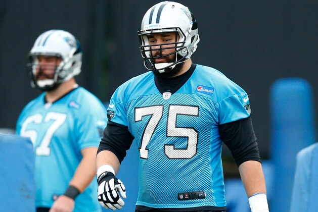 May 25, 2017; Charlotte, NC, USA; Carolina Panthers offensive tackle Matt Kalil (75) walks towards the sleds during practice at Bank of America Stadium. Mandatory Credit: Jeremy Brevard-USA TODAY Sports