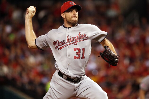 Washington Nationals starting pitcher Max Scherzer throws during the fifth inning of a baseball game against the St. Louis Cardinals Sunday, July 2, 2017, in St. Louis. (AP Photo/Jeff Roberson) Washington Nationals starting pitcher Max Scherzer throws during the fifth inning of a baseball game against the St. Louis Cardinals Sunday, July 2, 2017, in St. Louis. (AP Photo/Jeff Roberson)