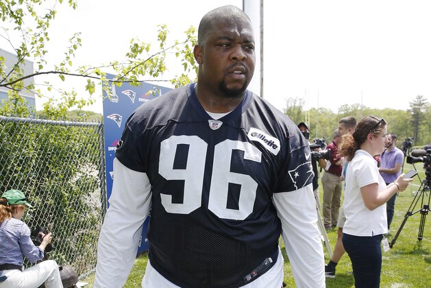 New England Patriots defensive tackle Terrance Knighton walks off the field following an NFL football practice Thursday, May 26, 2016, in Foxborough, Mass. (AP Photo/Michael Dwyer)