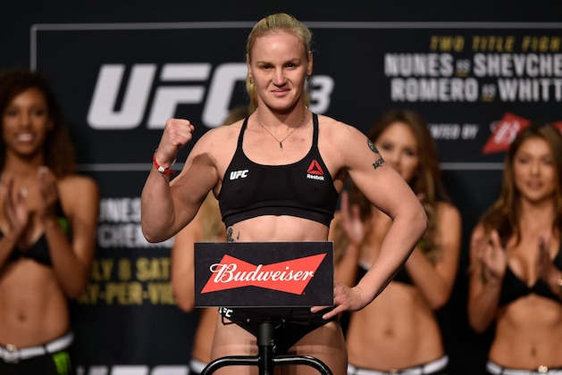 LAS VEGAS, NV - JULY 07:  Valentina Shevchenko of Kyrgyzstan poses on the scale during the UFC 213 weigh-in at the Park Theater on July 7, 2017 in Las Vegas, Nevada. (Photo by Jeff Bottari/Zuffa LLC/Zuffa LLC via Getty Images)