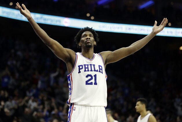 FILE - In this Jan. 27, 2017, file photo, Philadelphia 76ers' Joel Embiid reacts during an NBA basketball game against the Houston Rockets in Philadelphia. Embiid's numbers are the best in the rookie class. Yet his rookie of the year chances seem very flawed for this reason: Embiid will miss nearly two-thirds of Philadelphia's season because of injuries. (AP Photo/Matt Slocum, File) FILE - In this Jan. 27, 2017, file photo, Philadelphia 76ers' Joel Embiid reacts during an NBA basketball game against the Houston Rockets in Philadelphia. Embiid's numbers are the best in the rookie class. Yet his rookie of the year chances seem very flawed for this reason: Embiid will miss nearly two-thirds of Philadelphia's season because of injuries. (AP Photo/Matt Slocum, File)