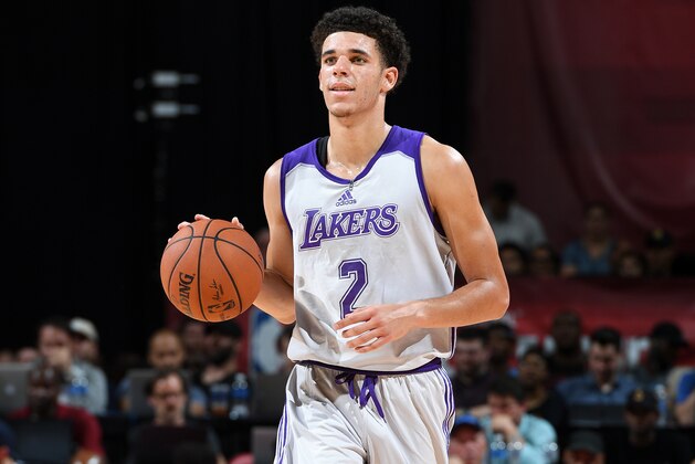 LAS VEGAS, NV - JULY 8: Lonzo Ball #2 of the Los Angeles Lakers handles the ball during the game against the Boston Celtics during the 2017 Las Vegas Summer League on July 8, 2017 at the Thomas & Mack Center in Las Vegas, Nevada. NOTE TO USER: User expressly acknowledges and agrees that, by downloading and or using this Photograph, user is consenting to the terms and conditions of the Getty Images License Agreement. Mandatory Copyright Notice: Copyright 2017 NBAE (Photo by Garrett Ellwood/NBAE via Getty Images)