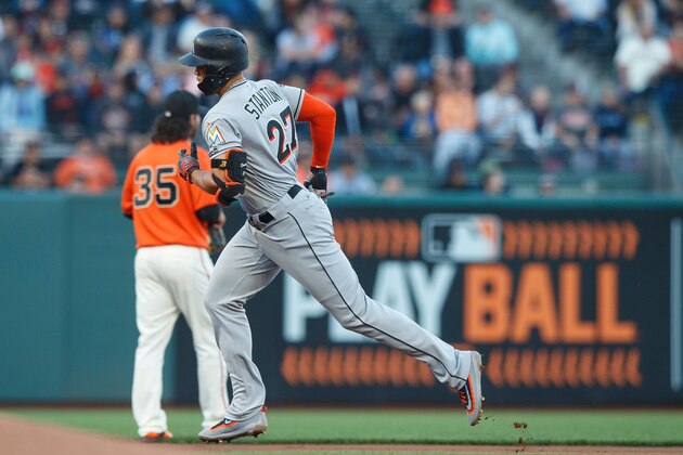 SAN FRANCISCO, CA - JULY 07: Giancarlo Stanton #27 of the Miami Marlins rounds the bases after hitting a two run home run against the San Francisco Giants during the first inning at AT&T Park on July 7, 2017 in San Francisco, California. (Photo by Jason O. Watson/Getty Images) SAN FRANCISCO, CA - JULY 07: Giancarlo Stanton #27 of the Miami Marlins rounds the bases after hitting a two run home run against the San Francisco Giants during the first inning at AT&T Park on July 7, 2017 in San Francisco, California. (Photo by Jason O. Watson/Getty Images)