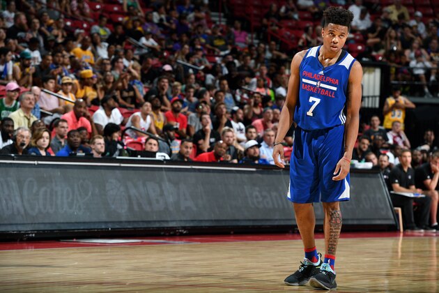 LAS VEGAS, NV - JULY 8: Markelle Fultz #7 of the Philadelphia 76ers looks on during the game against the Golden State Warriors during the 2017 Las Vegas Summer League on July 8, 2017 at the Thomas & Mack Center in Las Vegas, Nevada. NOTE TO USER: User expressly acknowledges and agrees that, by downloading and or using this Photograph, user is consenting to the terms and conditions of the Getty Images License Agreement. Mandatory Copyright Notice: Copyright 2017 NBAE (Photo by Garrett Ellwood/NBAE via Getty Images)
