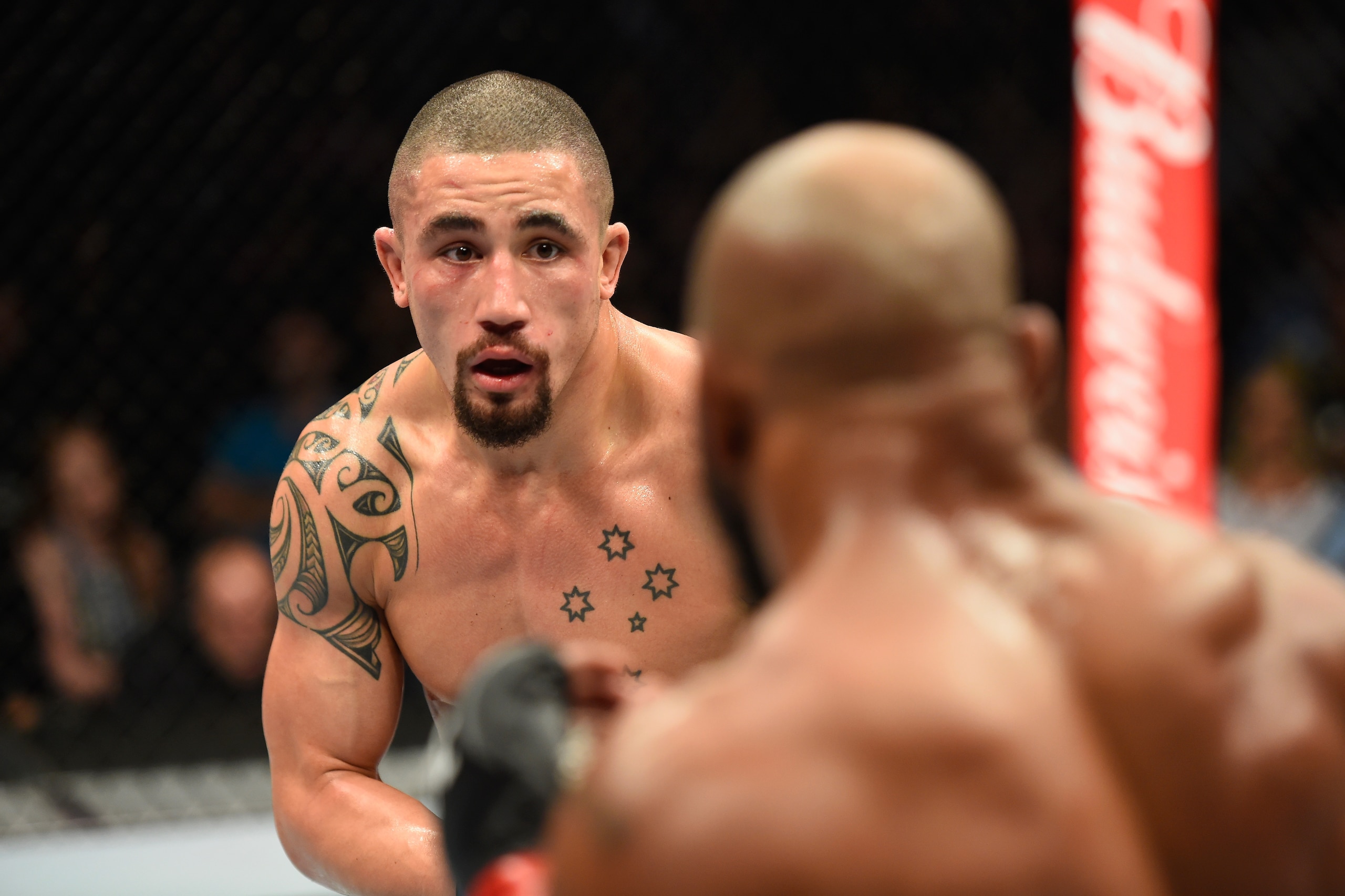 LAS VEGAS, NV - JULY 08:  (L-R) Robert Whittaker of New Zealand squares off with Yoel Romero of Cuba in their interim UFC middleweight championship bout during the UFC 213 event at T-Mobile Arena on July 8, 2017 in Las Vegas, Nevada.  (Photo by Josh Hedges/Zuffa LLC/Zuffa LLC via Getty Images)