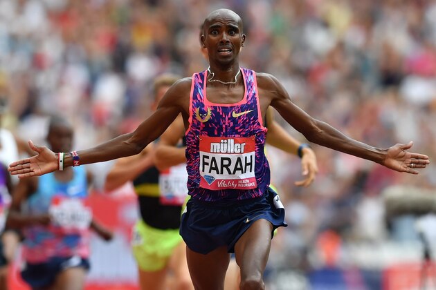 Britain's Mo Farah wins the men's 3000m during the IAAF Diamond League Anniversary Games athletics meeting at the Queen Elizabeth Olympic Park stadium in Stratford, east London on July 9, 2017.  / AFP PHOTO / Ben STANSALL        (Photo credit should read BEN STANSALL/AFP/Getty Images)