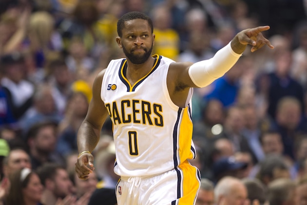 Indiana Pacers forward C.J. Miles (0) reacts after hitting a three-point shot during the first half of an NBA basketball game in Indianapolis, Wednesday, March 8, 2017. (AP Photo/Doug McSchooler)