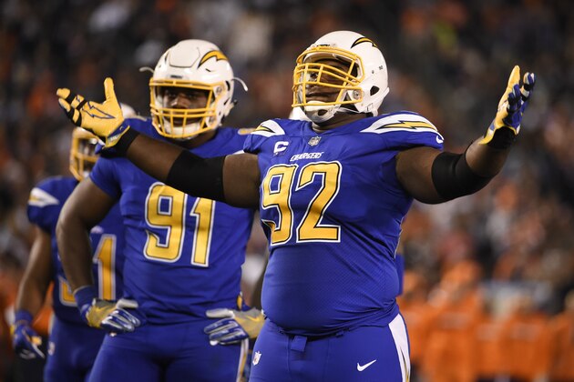 San Diego Chargers nose tackle Brandon Mebane (92) reacts during the second half of an NFL football game against the Denver Broncos Thursday, Oct. 13, 2016, in San Diego. (AP Photo/Denis Poroy)