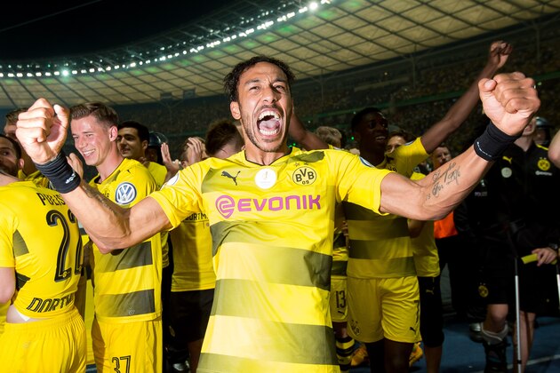 BERLIN, GERMANY - MAY 27: Pierre-Emerick Aubameyang of Dortmund celebrates after winning the DFB Cup final match between Eintracht Frankfurt and Borussia Dortmund at Olympiastadion on May 27, 2017 in Berlin, Germany. (Photo by TF-Images/Getty Images)
