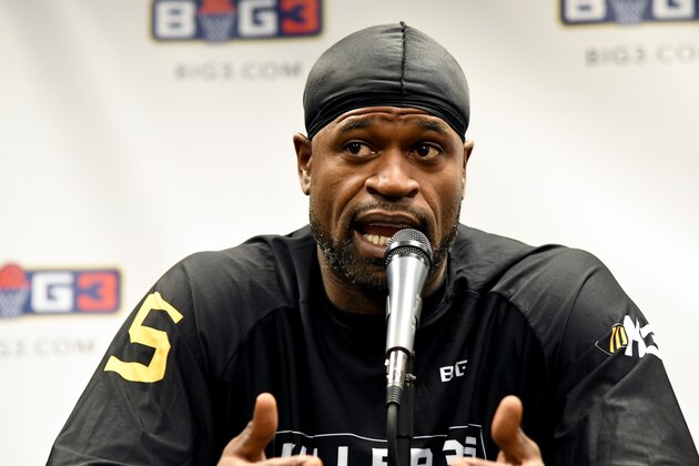 TULSA, OK - JULY 09: Stephen Jackson #5 of the Killer 3s speaks to the media during week three of the BIG3 three on three basketball league at BOK Center on July 9, 2017 in Tulsa, Oklahoma. (Photo by J Pat Carter/BIG3/Getty Images) TULSA, OK - JULY 09: Stephen Jackson #5 of the Killer 3s speaks to the media during week three of the BIG3 three on three basketball league at BOK Center on July 9, 2017 in Tulsa, Oklahoma. (Photo by J Pat Carter/BIG3/Getty Images)