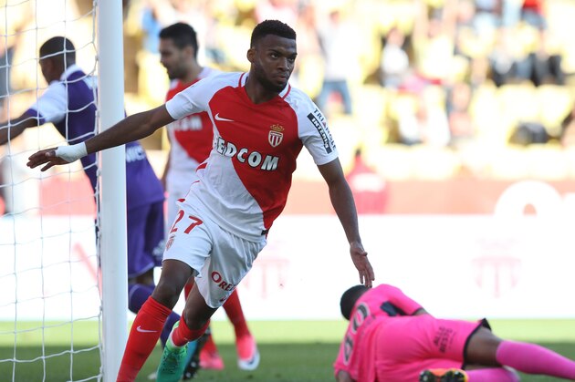 Monaco's French midfielder Thomas Lemar celebrates after scoring a goal during the French L1 football match Monaco (ASM) vs Toulouse (TFC) on April 29, 2017 at the 'Louis II Stadium' in Monaco. / AFP PHOTO / VALERY HACHE        (Photo credit should read VALERY HACHE/AFP/Getty Images)