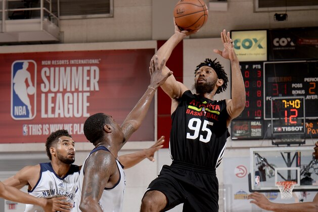 LAS VEGAS, NV - JULY 9:  DeAndre' Bembry #95 of the Atlanta Hawks shoots the ball against the New Orleans Pelicans on July 9, 2017 at the Cox Pavilion in Las Vegas, Nevada. NOTE TO USER: User expressly acknowledges and agrees that, by downloading and or using this Photograph, user is consenting to the terms and conditions of the Getty Images License Agreement. Mandatory Copyright Notice: Copyright 2017 NBAE (Photo by David Dow/NBAE via Getty Images)