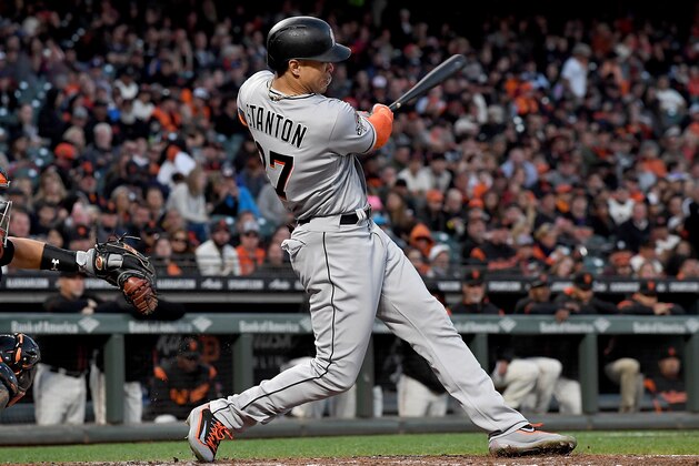 SAN FRANCISCO, CA - JULY 08: Giancarlo Stanton #27 of the Miami Marlins hits a double against the San Francisco Giants in the top of the fifth inning at AT&T Park on July 8, 2017 in San Francisco, California. (Photo by Thearon W. Henderson/Getty Images) SAN FRANCISCO, CA - JULY 08: Giancarlo Stanton #27 of the Miami Marlins hits a double against the San Francisco Giants in the top of the fifth inning at AT&T Park on July 8, 2017 in San Francisco, California. (Photo by Thearon W. Henderson/Getty Images)