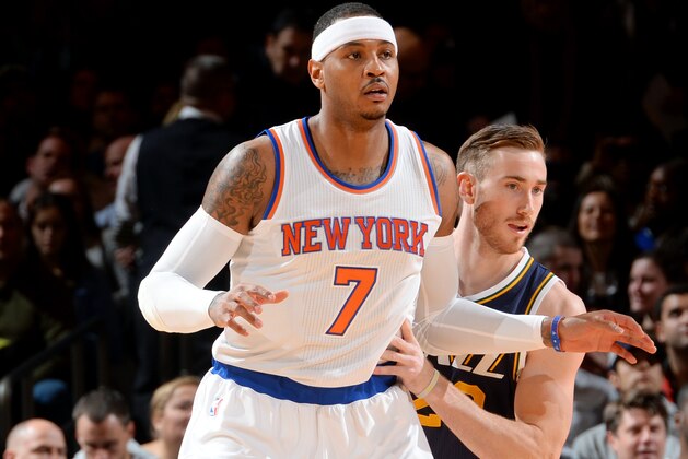 NEW YORK, NY - NOVEMBER 14: Carmelo Anthony #7 of the New York Knicks battles for position against Gordon Hayward #20 of the Utah Jazz on November 14, 2014 at Madison Square Garden in New York City.  NOTE TO USER: User expressly acknowledges and agrees that, by downloading and or using this Photograph, user is consenting to the terms and conditions of the Getty Images License Agreement. Mandatory Copyright Notice: Copyright 2014 NBAE (Photo by Jesse D. Garrabrant/NBAE via Getty Images)