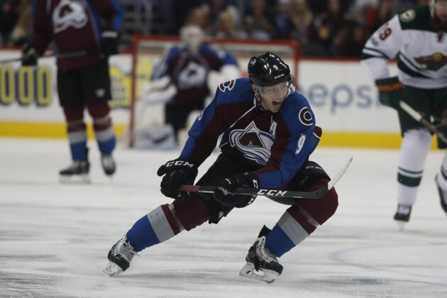 Colorado Avalanche center Matt Duchene (9) in the third period of an NHL hockey game Thursday, April 6, 2017, in Denver. Minnesota won 4-3. (AP Photo/David Zalubowski)