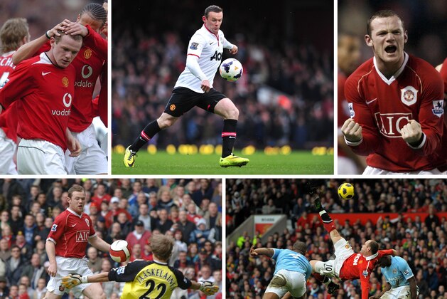 A combination of pictures created in London on November 27, 2016 shows five memorable goals by Manchester United's English striker Wayne Rooney; The pictures show Rooney being congratulated by team-mates after scoring against Newcastle United in the Premier League on April 24, 2005 (top L), Rooney preparing to strike a shot from just over the halfway line that lobbed West Ham's goalkeeper Adrian during their Premier League match on March 22, 2014 (top C), Rooney celebrating scoring against Portsmouth in the FA Cup on January 27, 2007 (top R), Rooney chipping Bolton Wanderers's goalkeeper Jussi Jaaskelainen in their Premier League match on March 17, 2007 (bottom L) and Rooney scoring a spectacular overhead volley against Manchester City in their Premier League matc on February 12, 2011 (bottom R).

Wayne Rooney equalled Bobby Charlton's Manchester United scoring record on January 7, 2017 when he registered his 249th goal for the club against Reading in the FA Cup third round. / AFP        (Photo credit should 