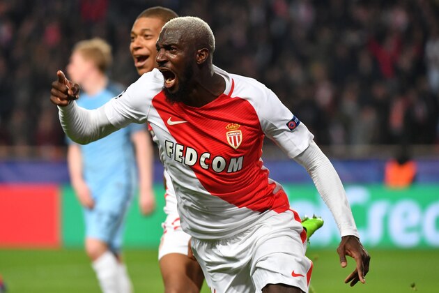 Monaco's French midfielder Tiemoue Bakayoko celebrates after scoring a goal during the UEFA Champions League round of 16 football match between Monaco and Manchester City at the Stade Louis II in Monaco on March 15, 2017. / AFP PHOTO / Pascal GUYOT        (Photo credit should read PASCAL GUYOT/AFP/Getty Images)