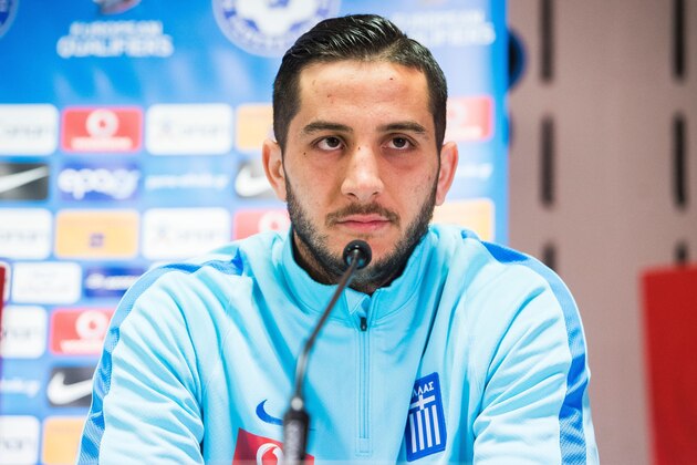 Greece's Kostas Manolas gives a press conference on the eve of the FIFA World Cup 2018 qualifying football match against Belgium, on March 24, 2017, in Brussels. / AFP PHOTO / Belga / LAURIE DIEFFEMBACQ / Belgium OUT        (Photo credit should read LAURIE DIEFFEMBACQ/AFP/Getty Images)