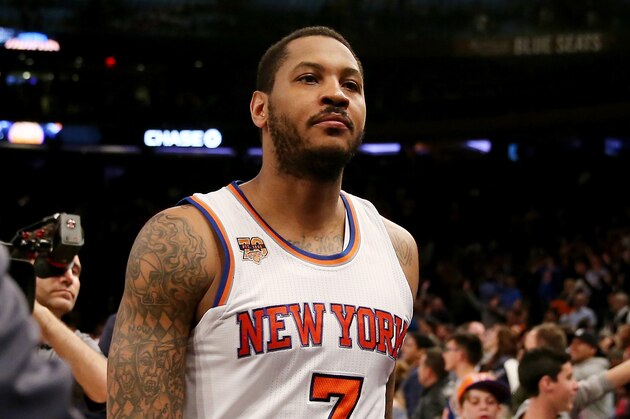 NEW YORK, NY - APRIL 12:  Carmelo Anthony #7 of the New York Knicks walks off the court after the 114-113 win over the Philadelphia 76ers at Madison Square Garden on April 12, 2017 in New York City. NOTE TO USER: User expressly acknowledges and agrees that, by downloading and or using this Photograph, user is consenting to the terms and conditions of the Getty Images License Agreement  (Photo by Elsa/Getty Images)