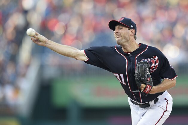 Washington Nationals starting pitcher Max Scherzer delivers during the first inning of a baseball game against the Atlanta Braves, Friday, July 7, 2017, in Washington. (AP Photo/Nick Wass)