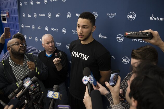 Philadelphia 76ers' Ben Simmons speaks with members of the media at the team's NBA basketball training facility in Camden, N.J., Thursday, April 13, 2017. The 76ers finished another season out of the playoffs. (AP Photo/Matt Rourke) Philadelphia 76ers' Ben Simmons speaks with members of the media at the team's NBA basketball training facility in Camden, N.J., Thursday, April 13, 2017. The 76ers finished another season out of the playoffs. (AP Photo/Matt Rourke)