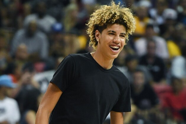 LAS VEGAS, NV - JULY 07:  LaMelo Ball, brother of Lonzo Ball #2 of the Los Angeles Lakers, takes part in a promotion during a timeout of a 2017 Summer League game between the Lakers and the Los Angeles Clippers at the Thomas & Mack Center on July 7, 2017 in Las Vegas, Nevada. The Clippers won 96-93 in overtime. NOTE TO USER: User expressly acknowledges and agrees that, by downloading and or using this photograph, User is consenting to the terms and conditions of the Getty Images License Agreement.  (Photo by Ethan Miller/Getty Images)