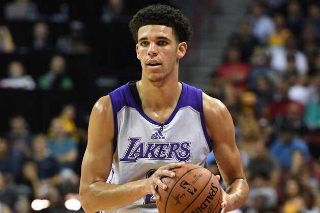 LAS VEGAS, NV - JULY 08:  Lonzo Ball #2 of the Los Angeles Lakers looks to pass against the Boston Celtics during the 2017 Summer League at the Thomas & Mack Center on July 8, 2017 in Las Vegas, Nevada. Boston won 86-81. NOTE TO USER: User expressly acknowledges and agrees that, by downloading and or using this photograph, User is consenting to the terms and conditions of the Getty Images License Agreement.  (Photo by Ethan Miller/Getty Images)
