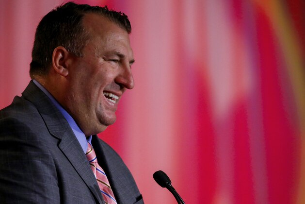 Arkansas NCAA college football coach Bret Bielema speaks during the Southeastern Conference's annual media gathering, (AP Photo/Butch Dill), Monday, July 10, 2017, in Hoover, Ala. (AP Photo/Butch Dill)